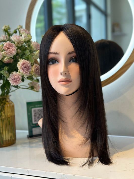 Lavia, cool dark brown layer cut wig, 16inches (40cm) 150% density, hand-tied monofilament cap