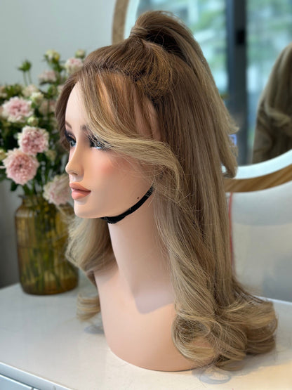 Lavia, milk tea brown with blonde highlight real hair wig hot hair trend, 18 inches (45 cm), 150% density, hand-tied monofilament cap