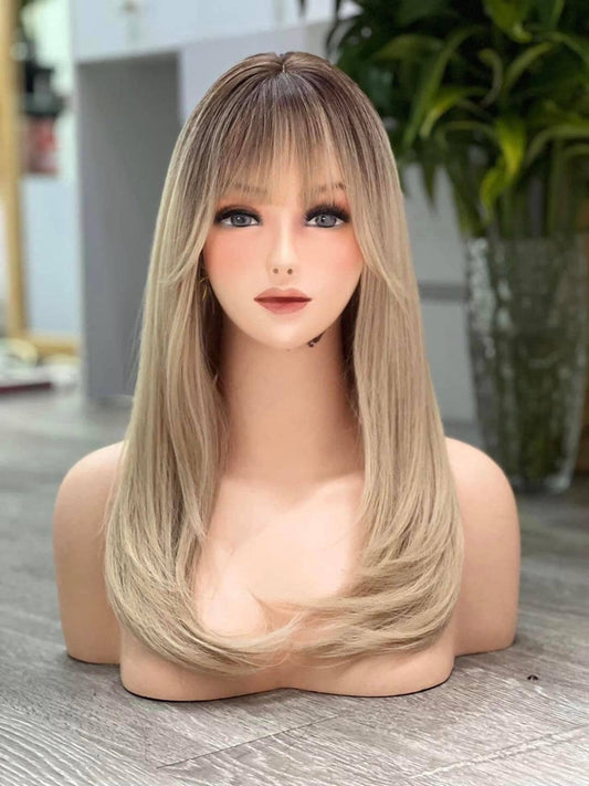 Lavia, dark rooted pearl blonde wig, 22 inches (55 cm) - 180% density, hand-tied monofilament cap