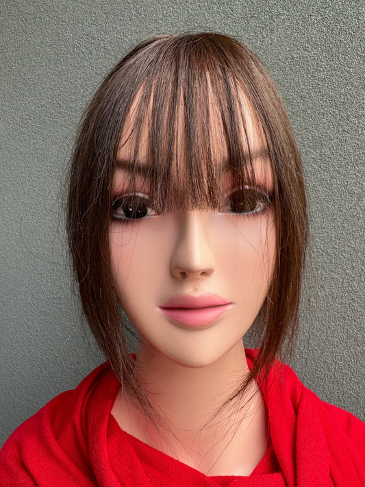 Lavia,chocolate brown silk based Mini Hair Topper Plus with fringe, real human hair, slight hair loss on top head, medium density