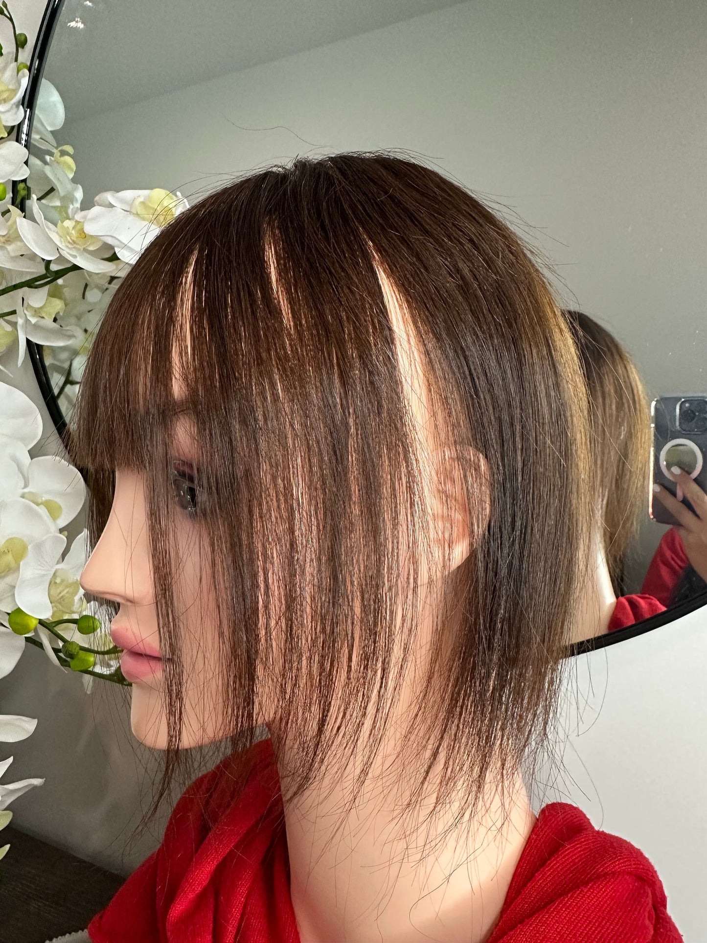 Lavia,chocolate brown silk based Mini Hair Topper Plus with fringe, real human hair, slight hair loss on top head, medium density