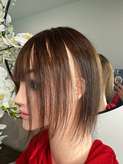 Lavia,chocolate brown silk based Mini Hair Topper Plus with fringe, real human hair, slight hair loss on top head, medium density