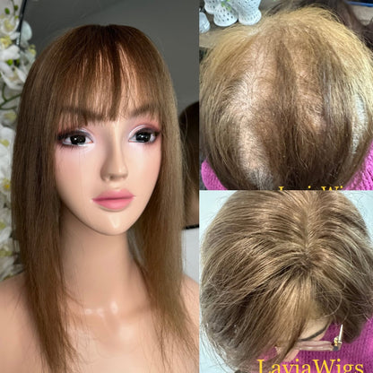 Lavia, deluxe ligh golden brown, high density, free parting, silk based real human hair Topper
