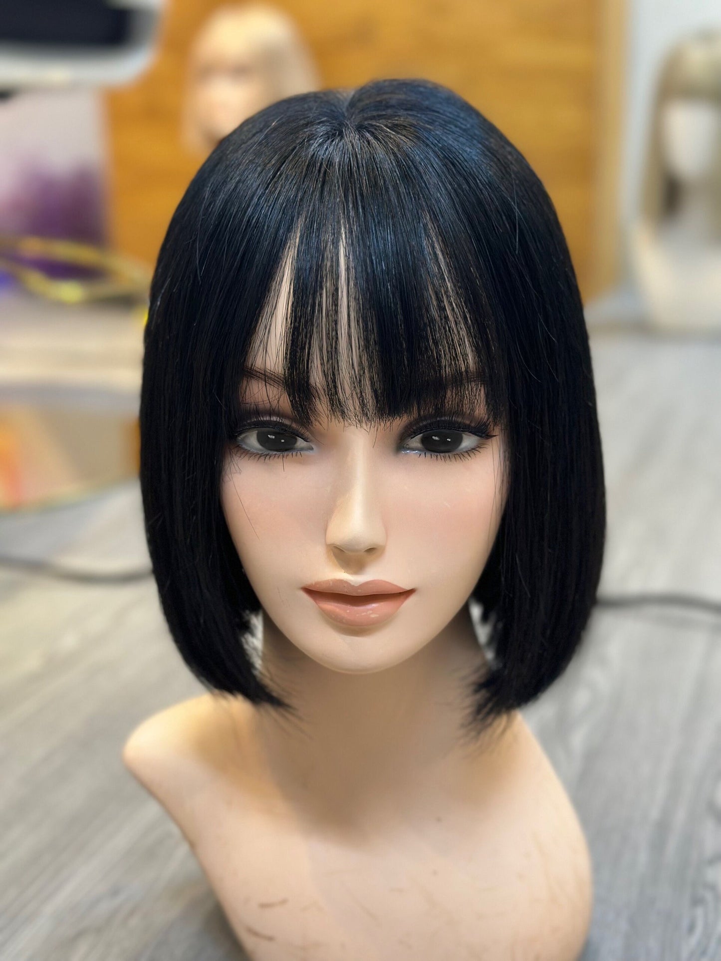 Lavia, silk base, jet black bob with thin fringe wig - hand-tied monofilament cap