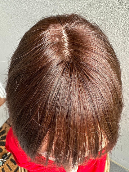 Lavia,chocolate brown silk based Mini Hair Topper Plus with fringe, real human hair, slight hair loss on top head, medium density
