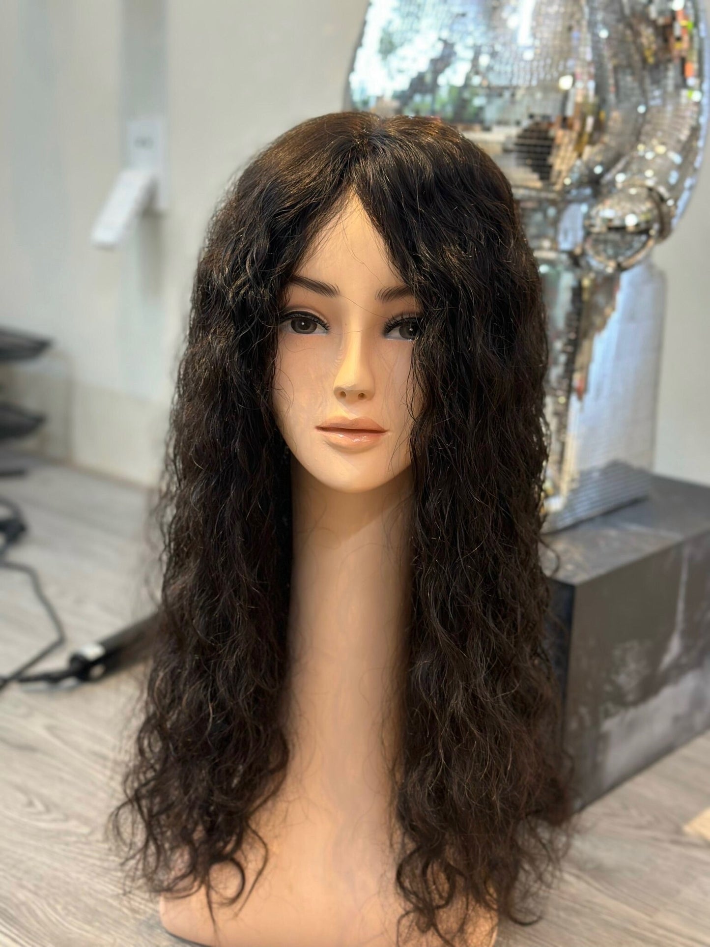 Lavia, half head topper, natural black human hair silk based wavy curl Hair Topper about 50cm (60cm raw hair), 20 inches, 230gram