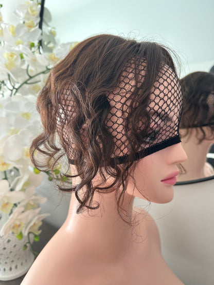 Lavia, chocolate brown silk based real human Curly Mini Hair Topper, Best for medium hair loss, cover top head area for curly hair