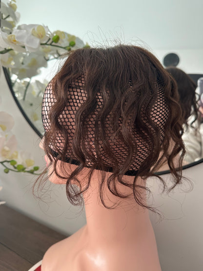 Lavia, chocolate brown silk based real human Curly Mini Hair Topper, Best for medium hair loss, cover top head area for curly hair