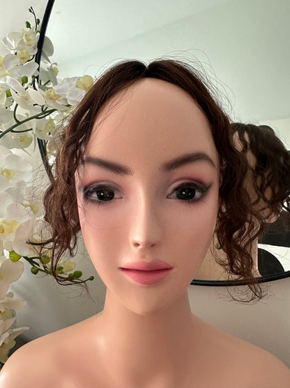 Lavia, chocolate brown silk based real human Curly Mini Hair Topper, Best for medium hair loss, cover top head area for curly hair