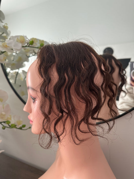 Lavia, chocolate brown silk based real human Curly Mini Hair Topper, Best for medium hair loss, cover top head area for curly hair