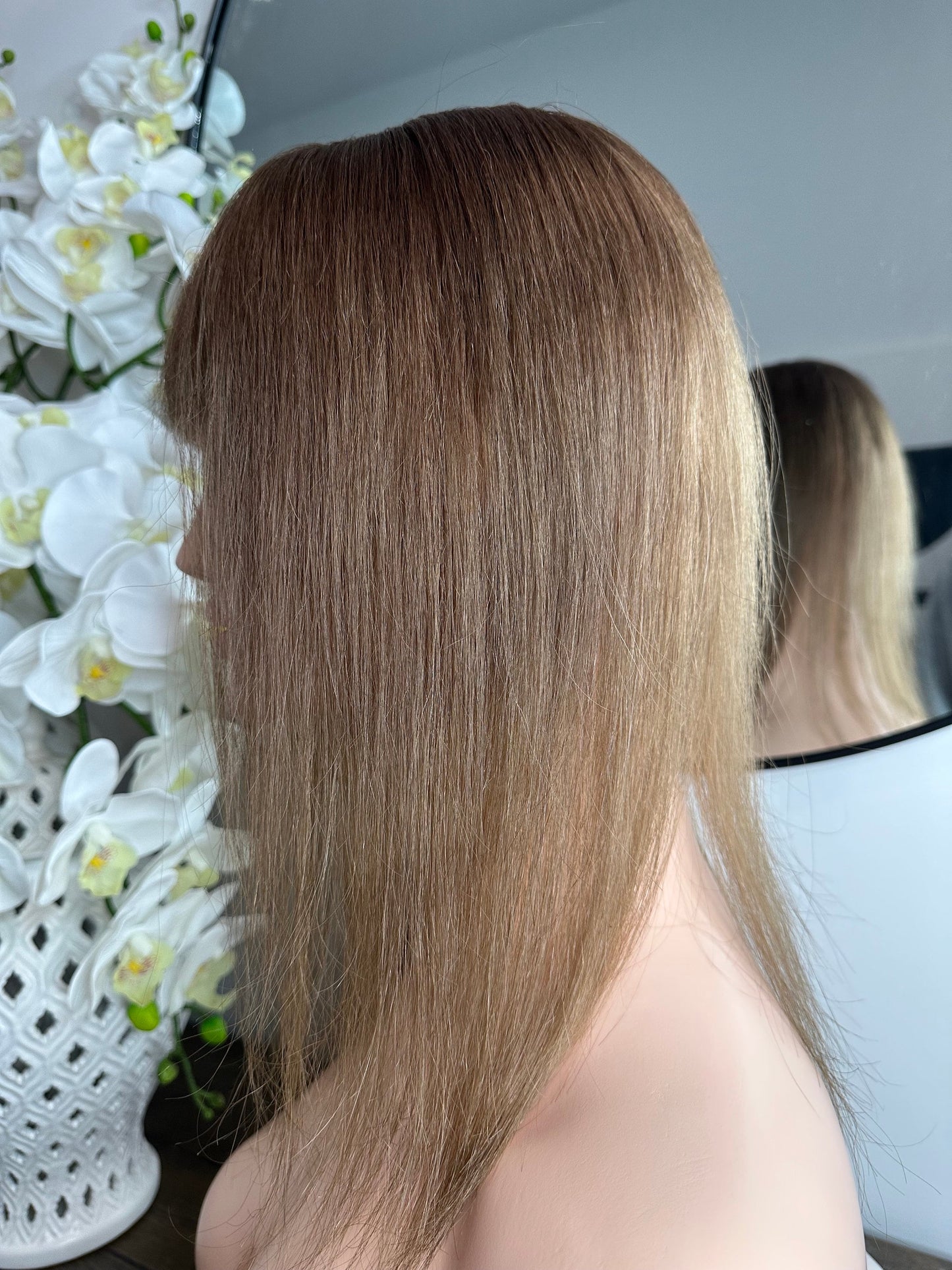 Lavia, deluxe ligh golden brown, high density, free parting, silk based real human hair Topper