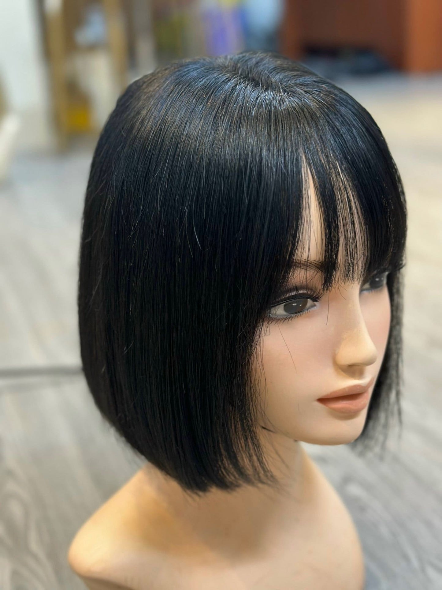 Lavia, silk base, jet black bob with thin fringe wig - hand-tied monofilament cap