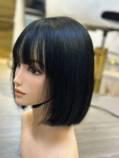 Lavia, silk base, jet black bob with thin fringe wig - hand-tied monofilament cap