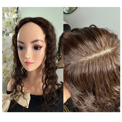 Lavia, Deep Curled silk base Hair Topper, real human hair, chocolate brown, Best for medium hair loss, cover top head area for curly hair