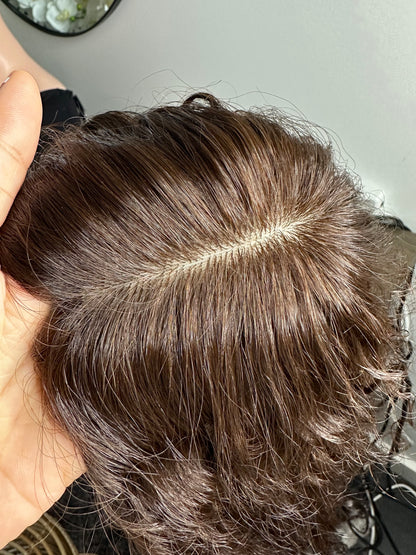 Lavia, Deep Curled silk base Hair Topper, real human hair, chocolate brown, Best for medium hair loss, cover top head area for curly hair