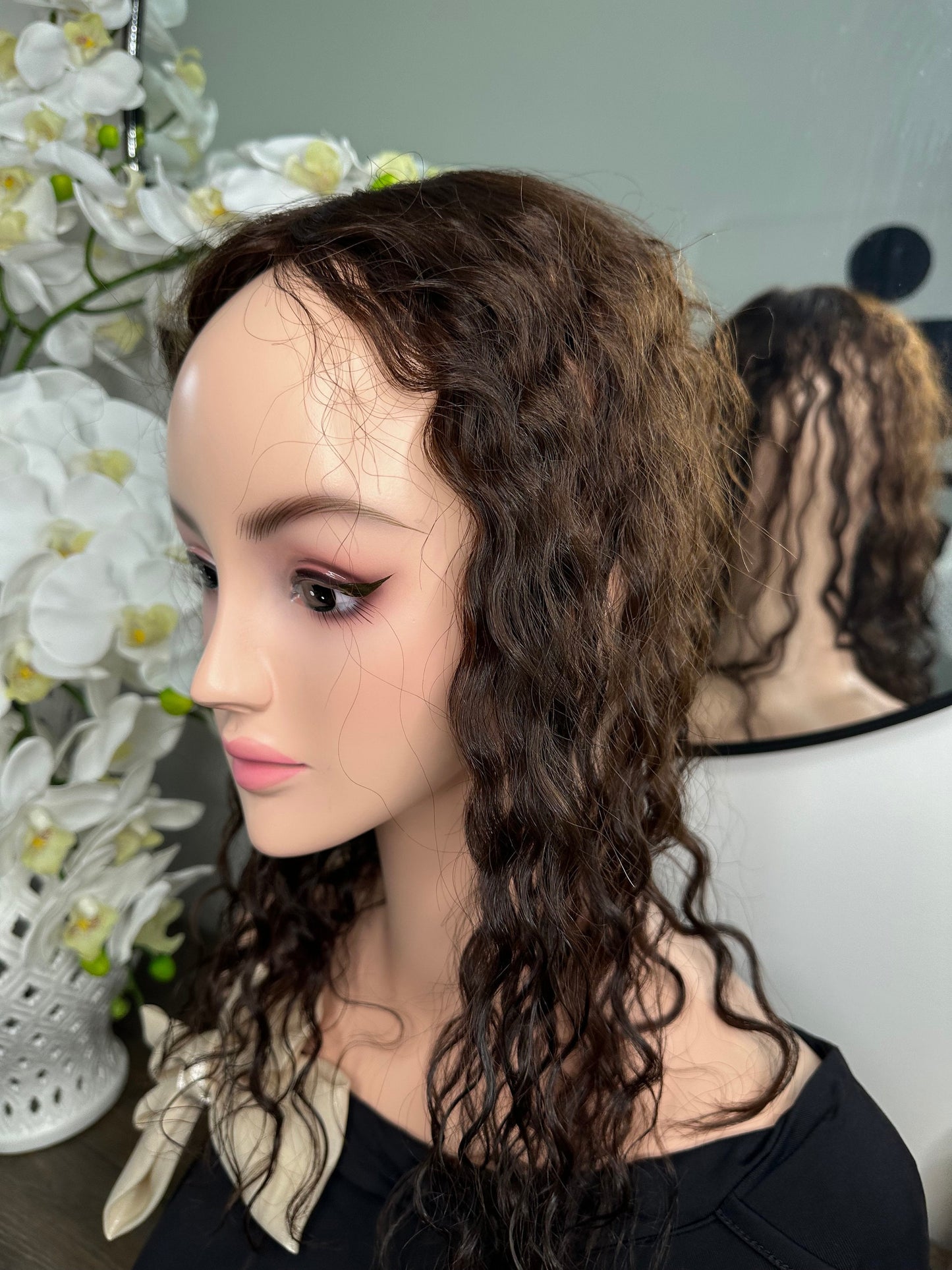 Lavia, Deep Curled silk base Hair Topper, real human hair, chocolate brown, Best for medium hair loss, cover top head area for curly hair