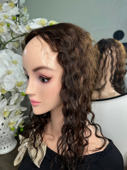 Lavia, Deep Curled silk base Hair Topper, real human hair, chocolate brown, Best for medium hair loss, cover top head area for curly hair