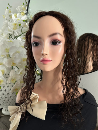 Lavia, Deep Curled silk base Hair Topper, real human hair, chocolate brown, Best for medium hair loss, cover top head area for curly hair
