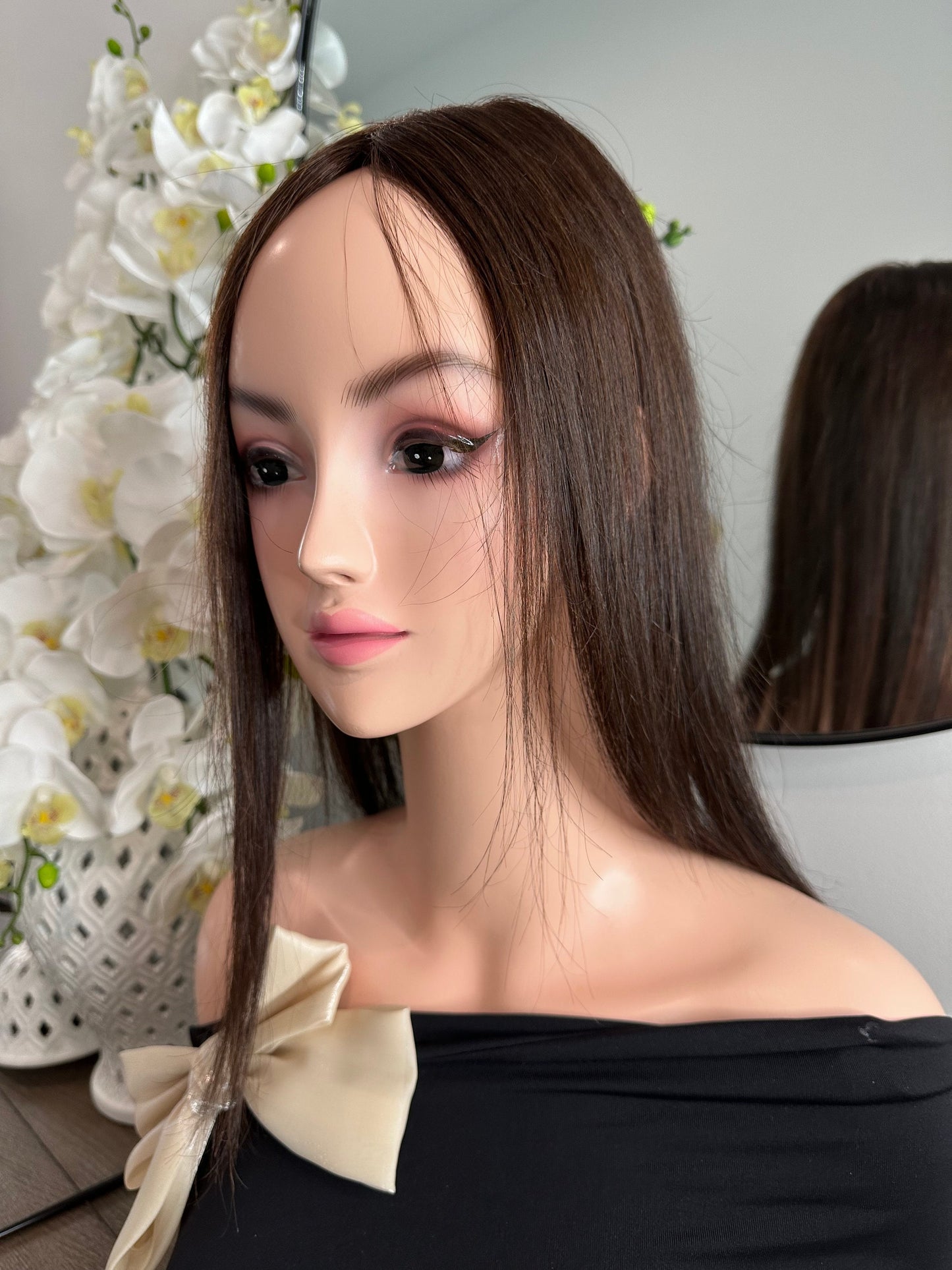 Lavia,chocolate brown handmade Medium density silk based real human Hair Topper, Best for medium hair loss - cover top area of your head