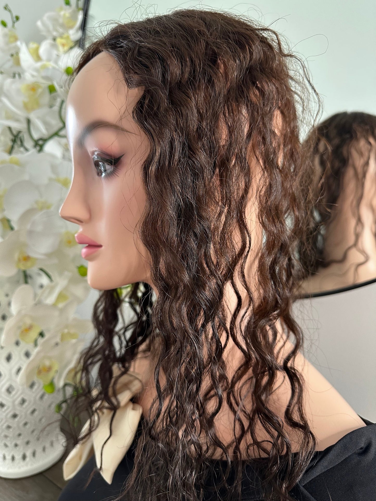 Lavia, Deep Curled silk base Hair Topper, real human hair, chocolate brown, Best for medium hair loss, cover top head area for curly hair