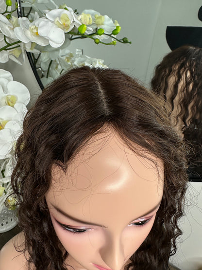 Lavia, Deep Curled silk base Hair Topper, real human hair, chocolate brown, Best for medium hair loss, cover top head area for curly hair