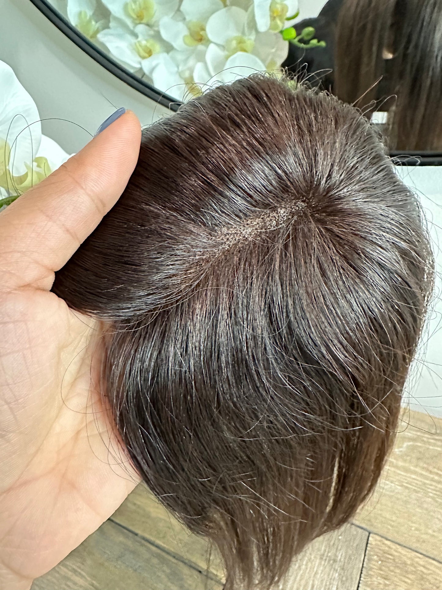 Lavia, MiniMono full handtied dark chocolate brown Hair Topper, real human hair, best for hair thinning solutions, light density