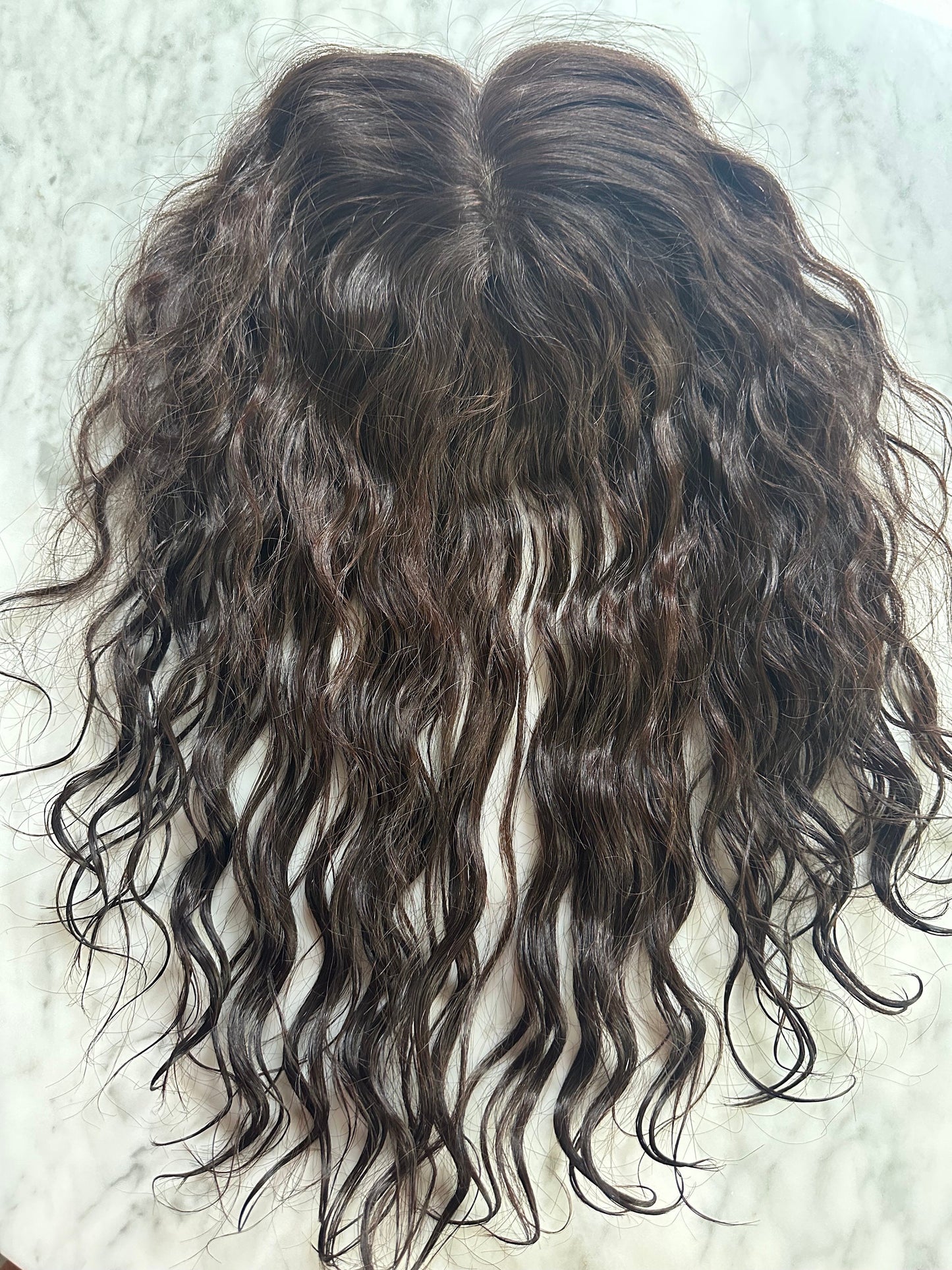 Lavia, deluxe chocolate brown curly silk base real human hair Topper, free parting, best for larger area of hair loss