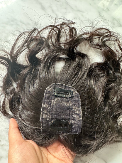 Lavia, natural black silk based real human Curly Mini Hair Topper, cover top head area for curly hair