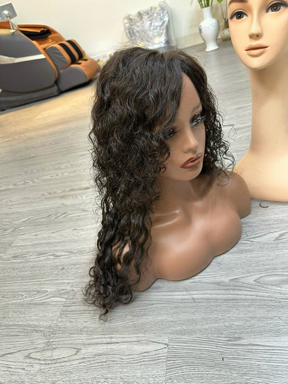 Lavia, half head topper, natural black human hair silk based deep wavy curl Hair Topper, 55cm raw hair, 150gram hair