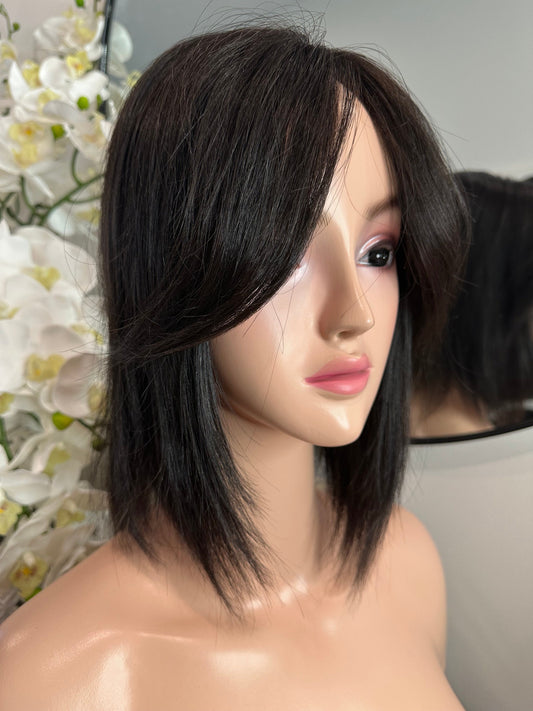 Lavia, bob style topper with curtain bangs, real human hair Topper, whole wigs experience with smaller base, free parting