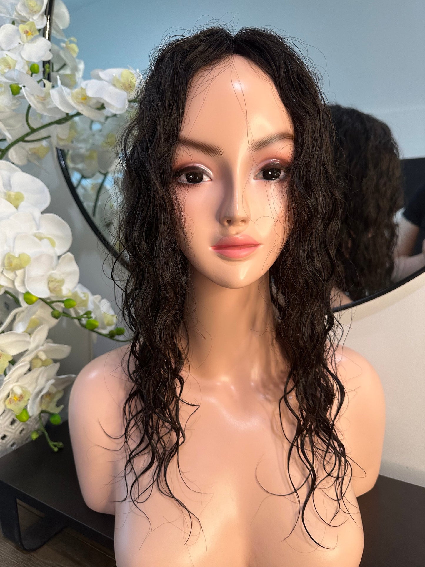 Lavia, half head topper, natural black human hair silk based wavy curl Hair Topper about 43cm (45cm raw hair), 16 inches, 150gram