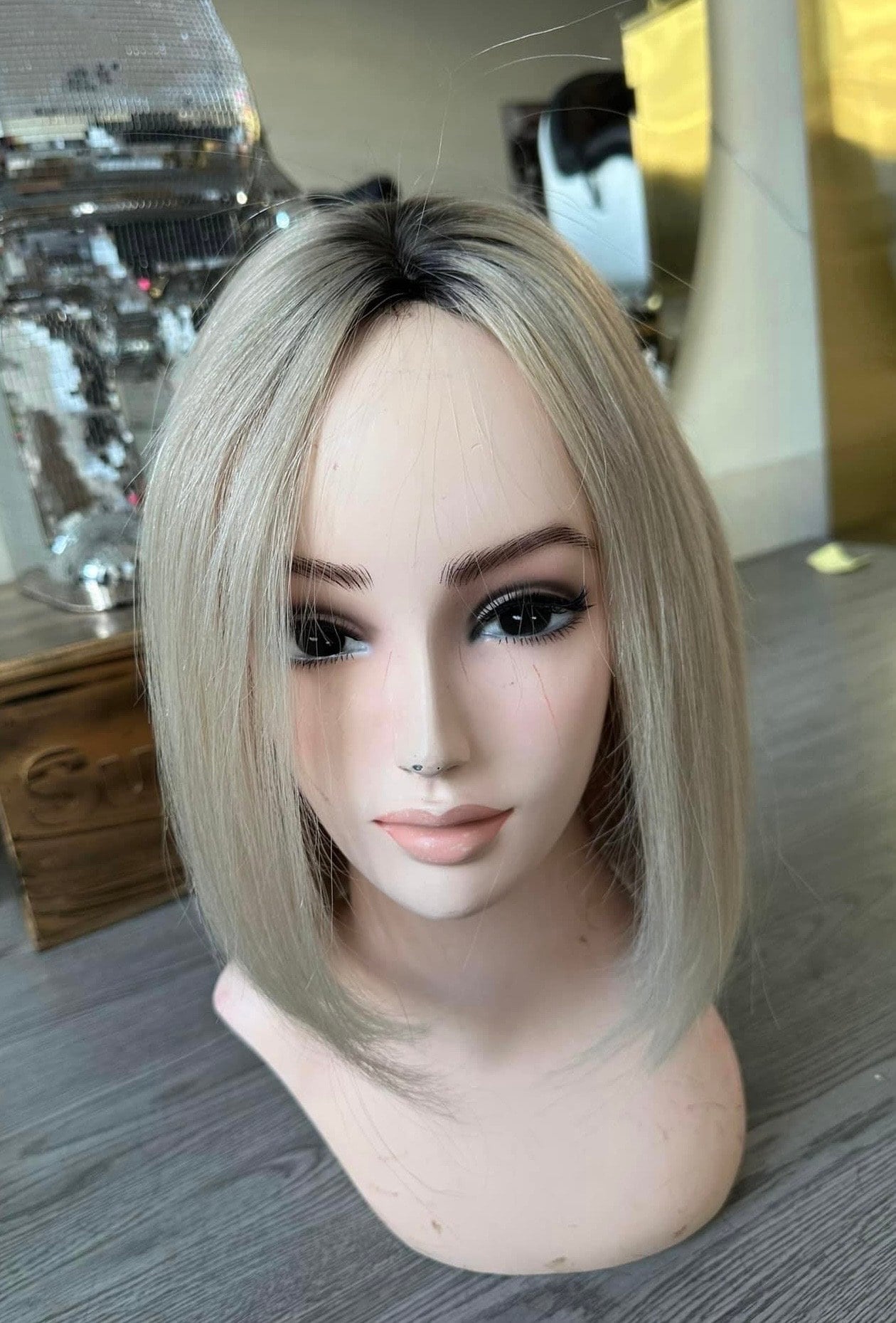 Lavia, ashy blonde dark rooted bob wig, hand-tied monofilament cap