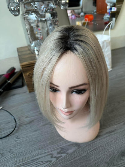 Lavia, ashy blonde dark rooted bob wig, hand-tied monofilament cap