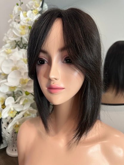 Lavia, bob style topper with curtain bangs, real human hair Topper, whole wigs experience with smaller base, free parting