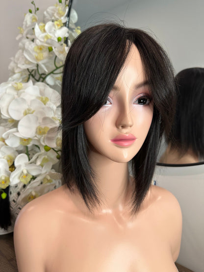 Lavia, bob style topper with curtain bangs, real human hair Topper, whole wigs experience with smaller base, free parting