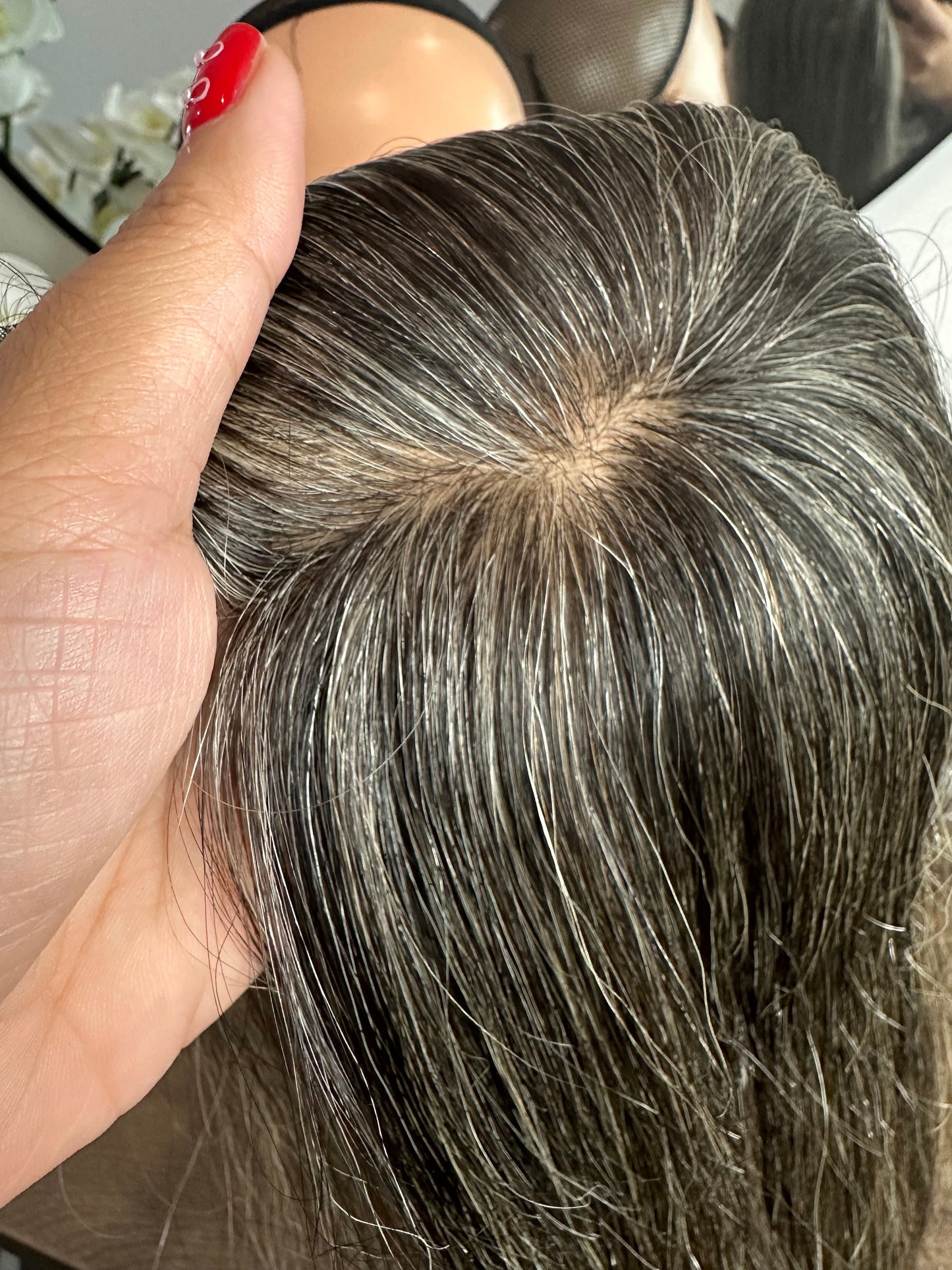 Lavia, deluxe salt and pepper toppers, free parting handmade silk based real human Hair Topper